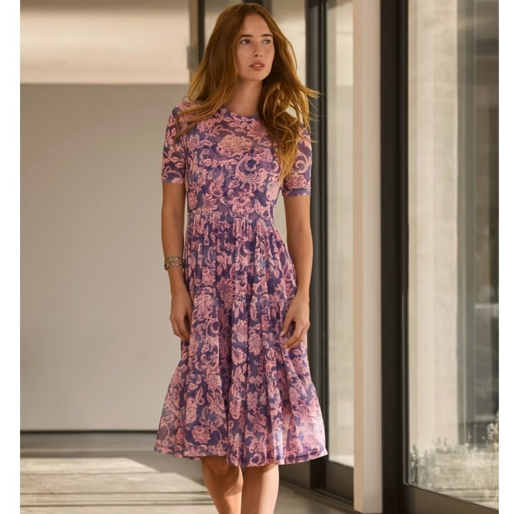 Johnny Was Florentina Midi Dress Damask Floral Mesh XS Purple Pink Boho Romantic